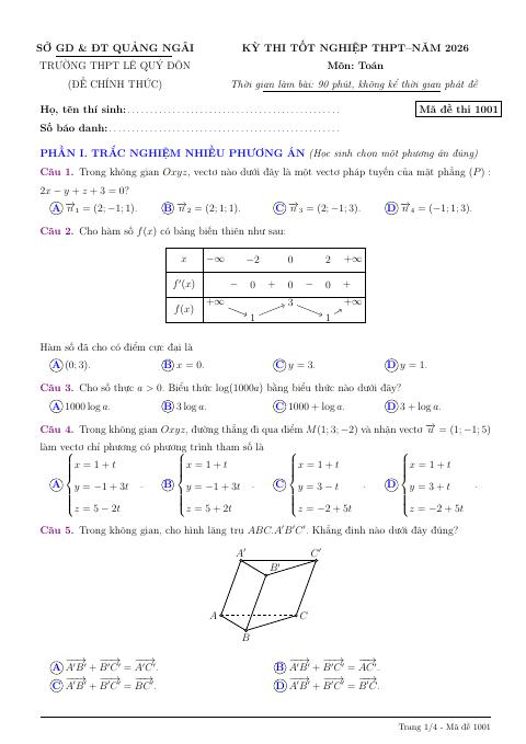 Đề thi thử TN THPT 2026 môn Toán trường THPT Lê Quý Đôn – Quảng Ngãi